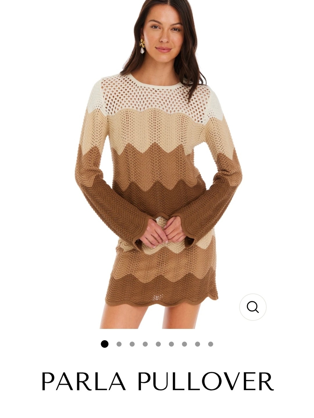 Allison New York Parla Pullover Crochet Knit Sweater in Brown & Cream